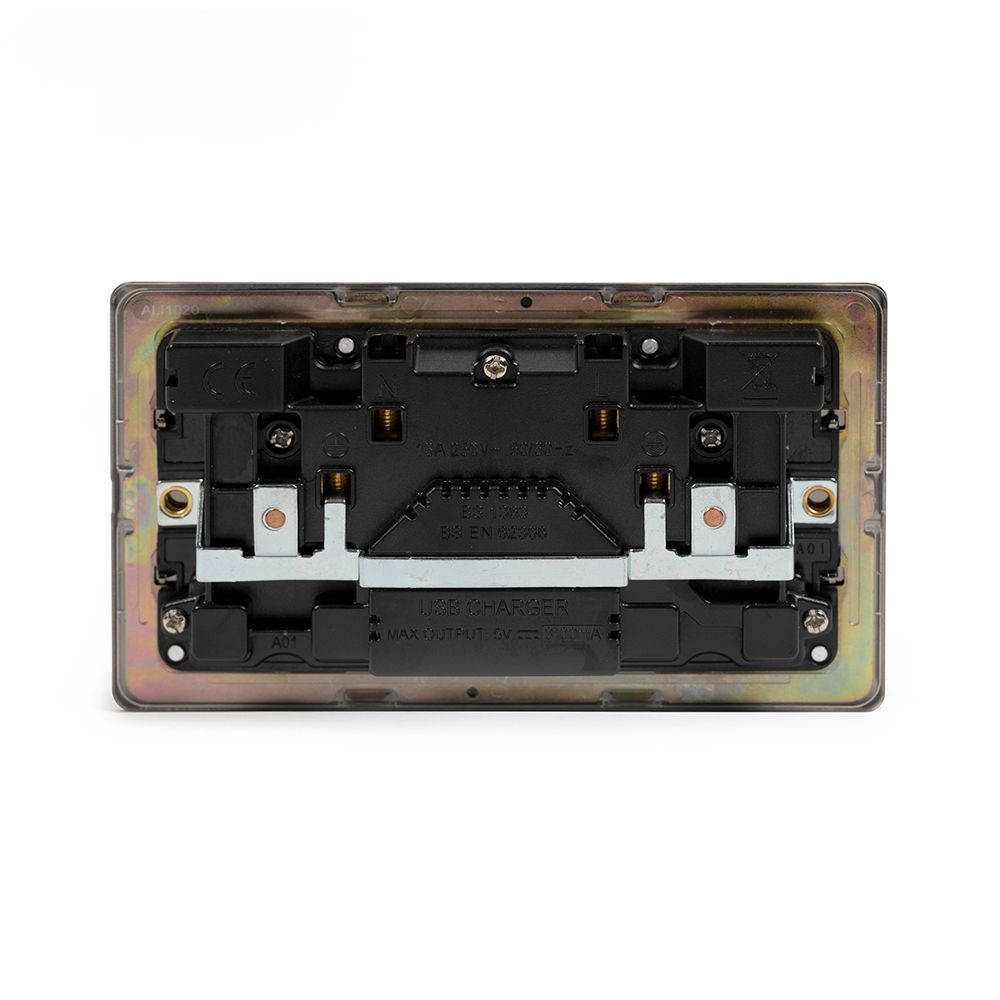 Soho Lighting Matt Black and Antique Brass 2 Gang USB A+C Socket (13A Socket + 2 USB Ports A+C 3.1A)