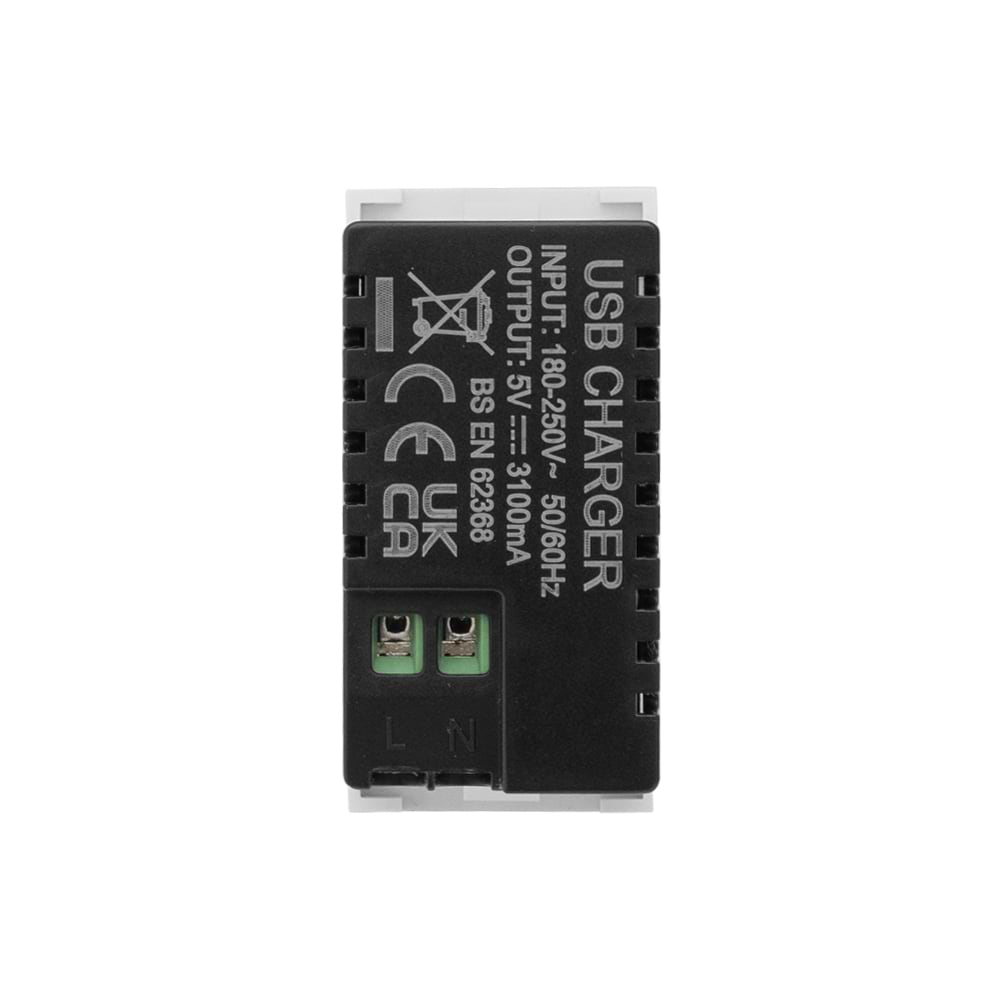 Soho Lighting Silk White Dual Fast Charge USB C+C Charger Euromodule 3.1A 25mmx 50mm