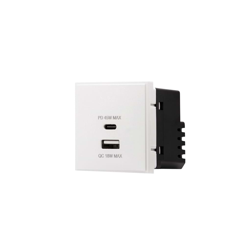 Soho Lighting Silk White Dual Fast Charge USB A+C Charger Euromodule 45W Max 50mmx 50mm