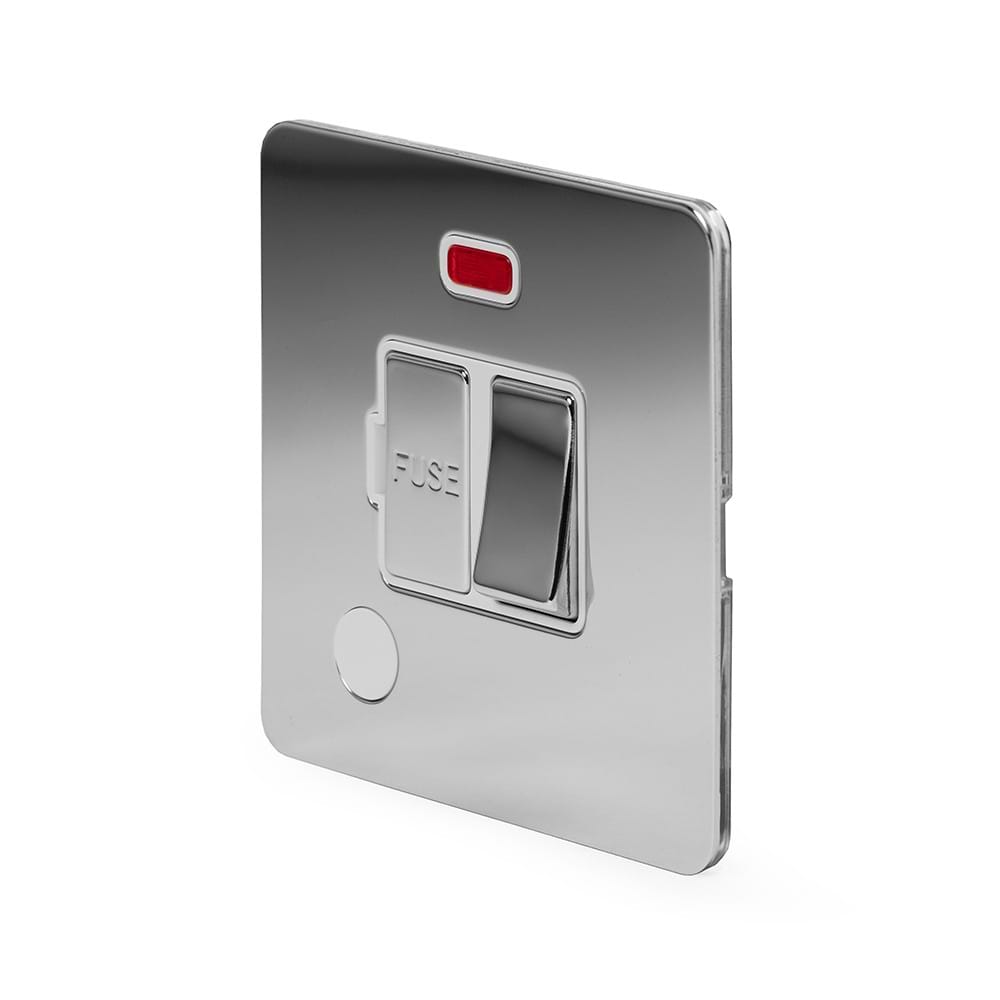 The Finsbury Collection Polished Chrome Flat Plate 13A Switched Fused Connection Unit (FCU) Flex Outlet With Neon Wht Ins Screwless