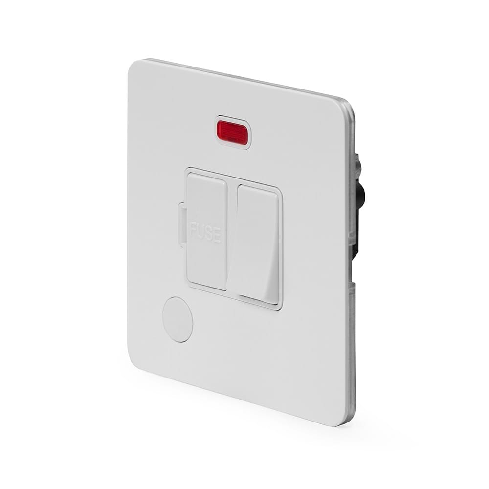The Eldon Collection White Metal Flat Plate 13A Switched Fused Connection Unit (FCU) Flex Outlet With Neon Wht Ins Screwless