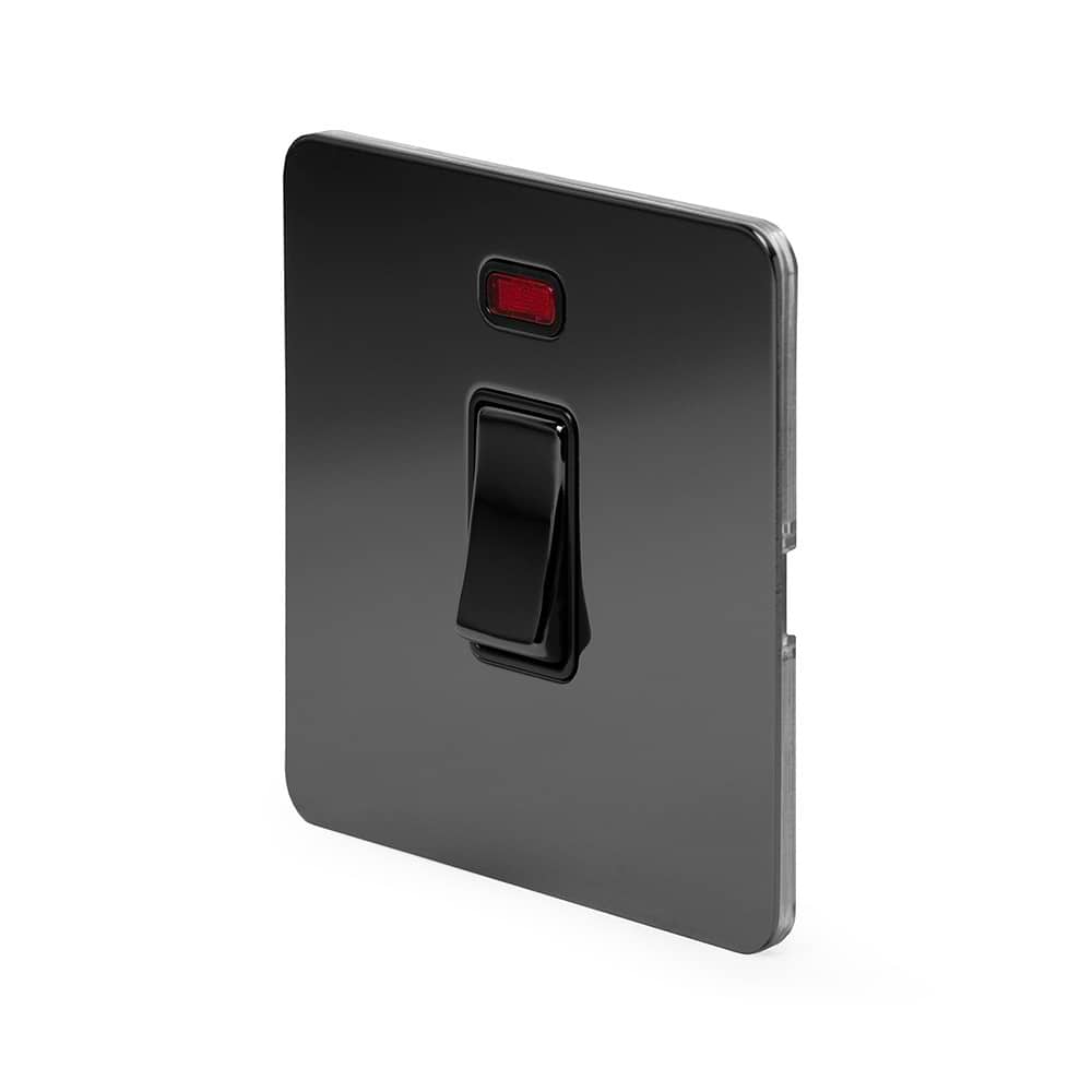The Connaught Collection Black Nickel Flat Plate 20A 1 Gang Double Pole Switch With Neon Blk Ins Screwless