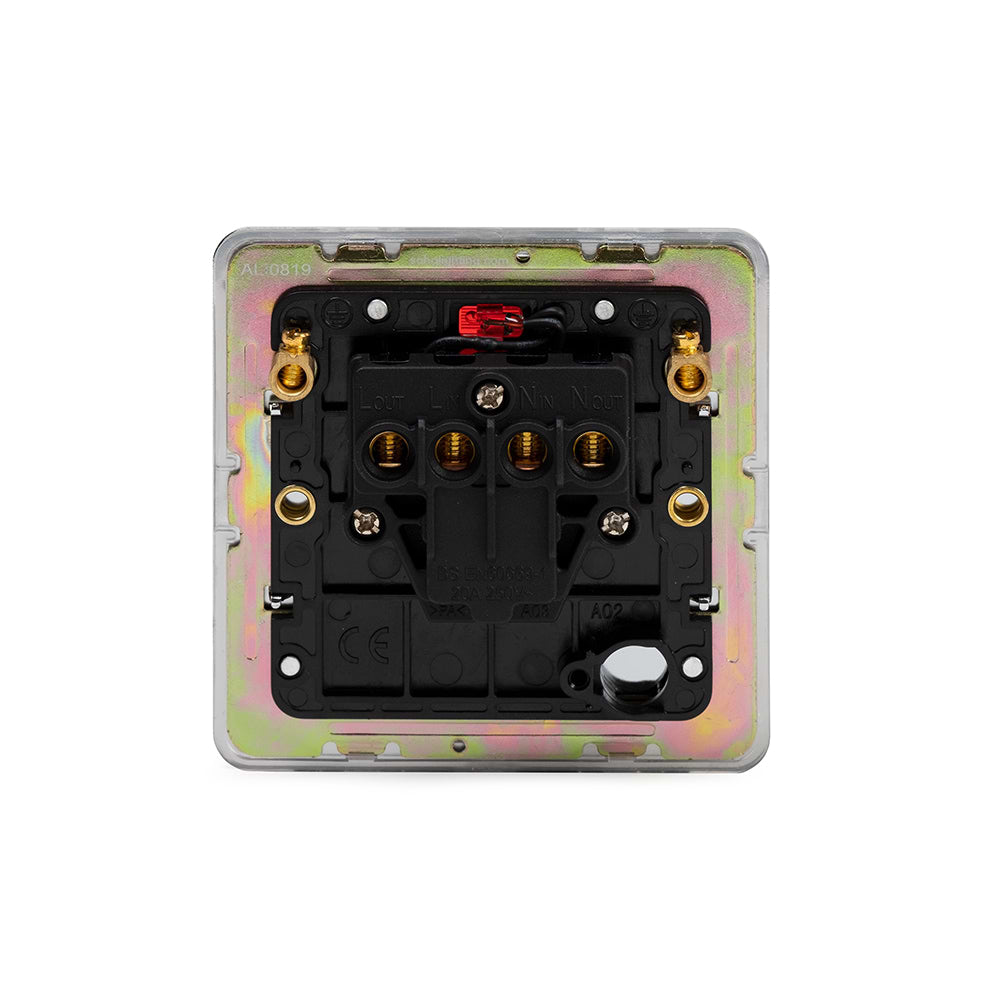 The Finsbury Collection Polished Chrome Flat Plate 20A 1 Gang Double Pole Switch With Neon Blk Ins Screwless