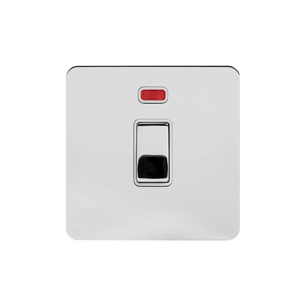 The Finsbury Collection Polished Chrome Flat Plate 20A 1 Gang Double Pole Switch With Neon Wht Ins Screwless