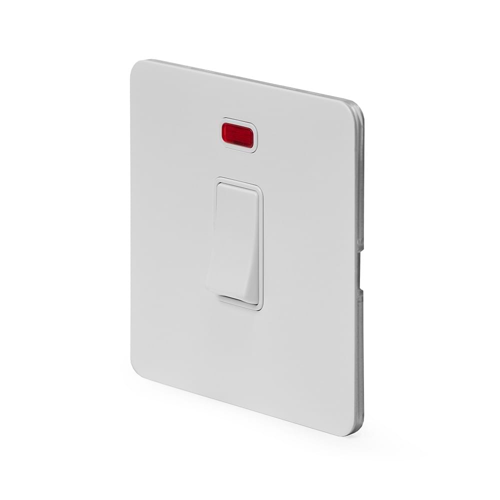 The Eldon Collection White Metal Flat Plate 20A 1 Gang Double Pole Switch With Neon Wht Ins Screwless