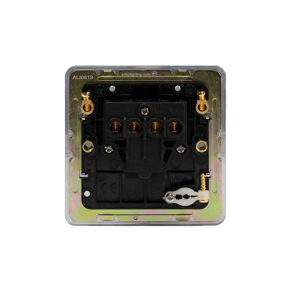 The Finsbury Collection Polished Chrome Flat Plate 20A 1 Gang Double Pole Switch Flex Outlet Blk Ins Screwless