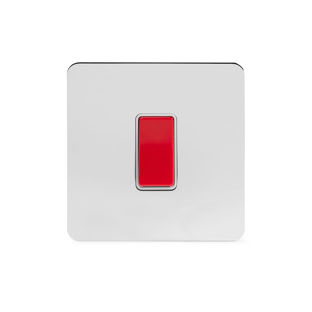 The Finsbury Collection Polished Chrome Flat Plate 45A 1 Gang Double Pole Switch, Single Plate Wht Ins Screwless