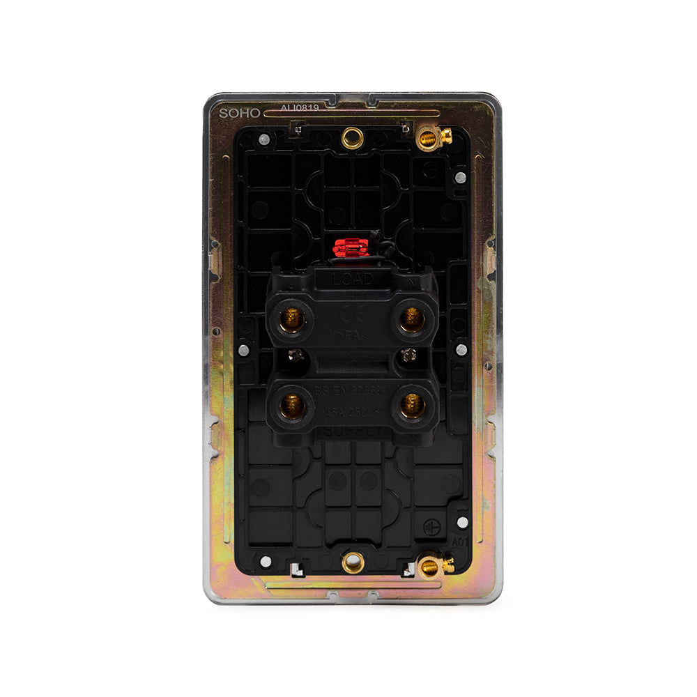 The Finsbury Collection Polished Chrome Flat Plate 45A 1 Gang Double Pole Switch With Neon Large Plate Blk Ins Screwless