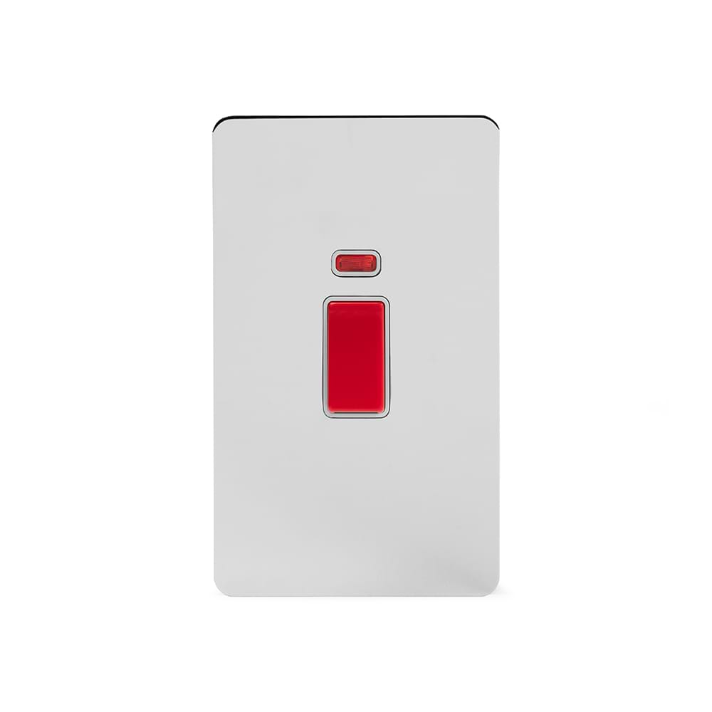 The Finsbury Collection Polished Chrome Flat Plate 45A 1 Gang Double Pole Switch With Neon, Large Plate Wht Ins Screwless