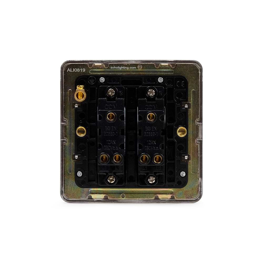 The Lombard Collection Brushed Chrome Flat Plate 10A 2 Gang 2 Way Switch Blk Ins Screwless