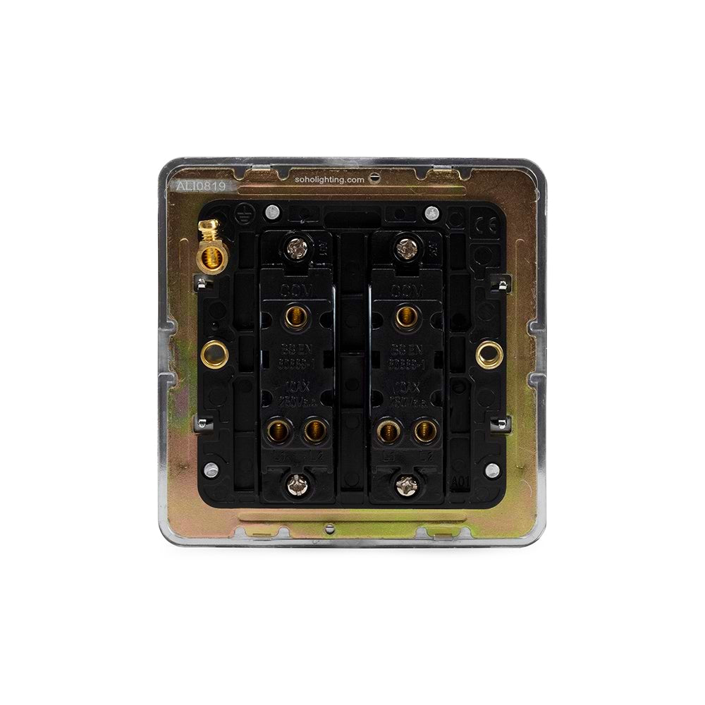 The Finsbury Collection Polished Chrome Flat Plate 10A 2 Gang 2 Way Switch Blk Ins Screwless
