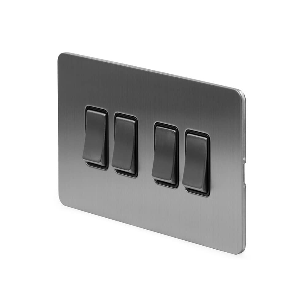 The Lombard Collection Brushed Chrome Flat Plate 10A 4 Gang 2 Way Switch Blk Ins Screwless