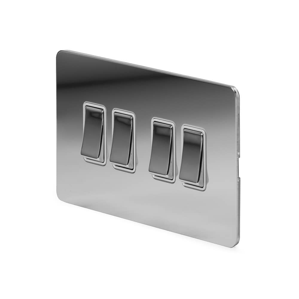 The Finsbury Collection Polished Chrome Flat Plate 10A 4 Gang 2 Way Switch Wht Ins Screwless