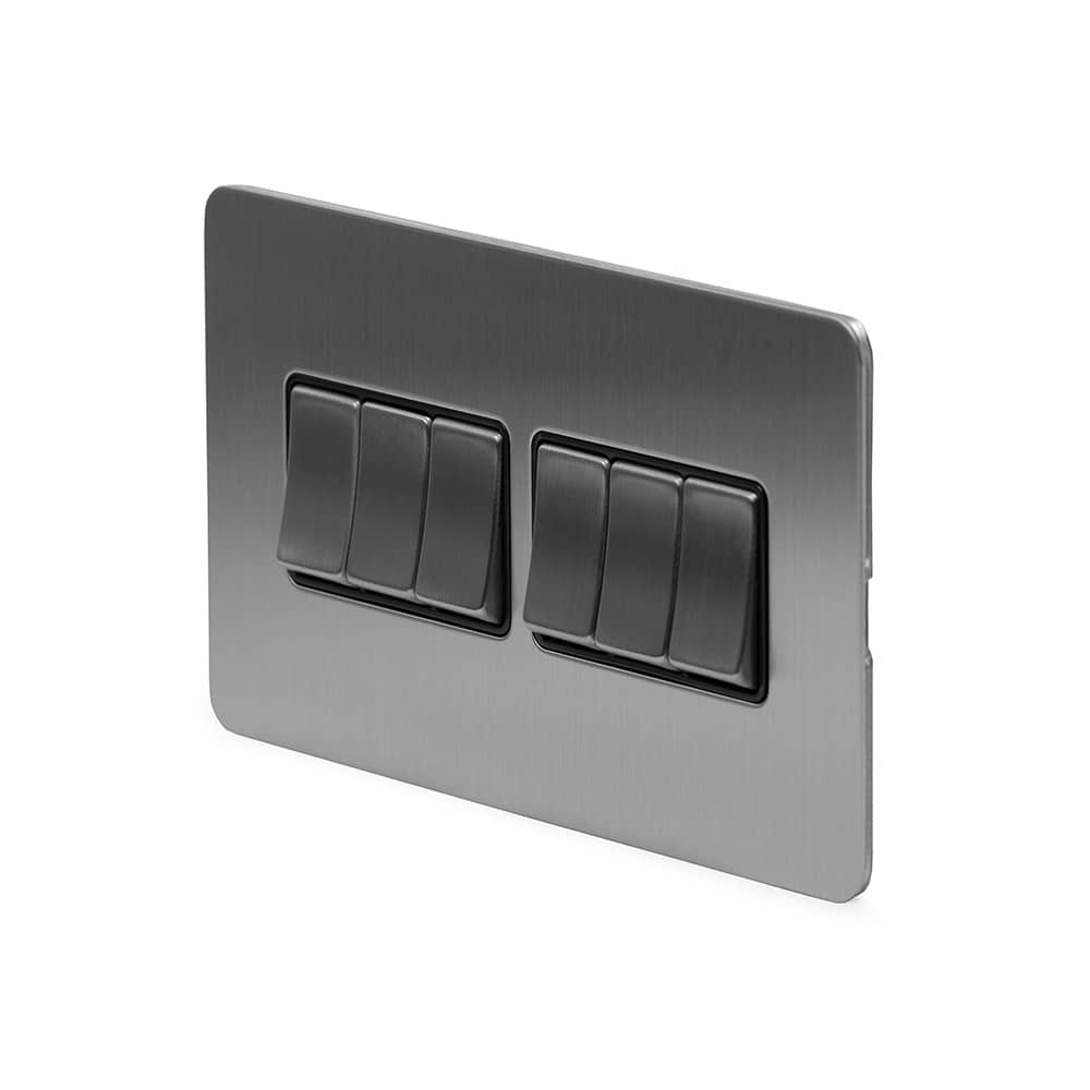 The Lombard Collection Brushed Chrome Flat Plate 10A 6 Gang 2 Way Switch Blk Ins Screwless