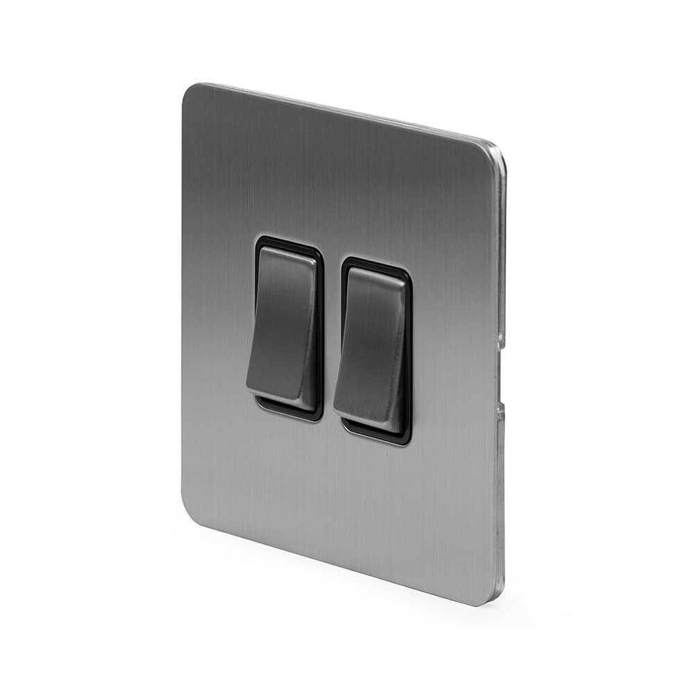 The Lombard Collection Brushed Chrome Flat Plate 2 Gang Intermediate Switch Blk Ins Screwless