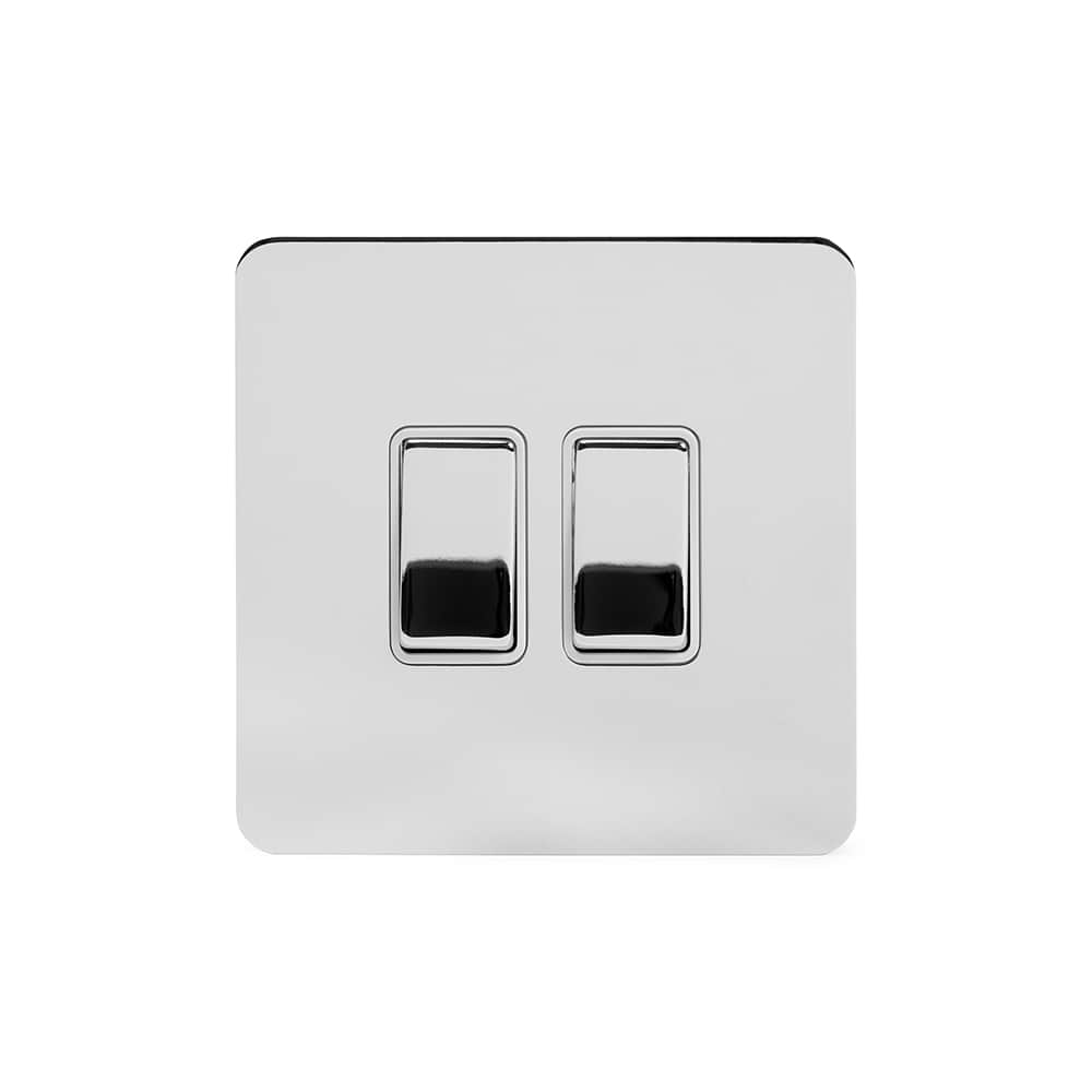 The Finsbury Collection Polished Chrome Flat Plate 2 Gang Intermediate Switch Wht Ins Screwless