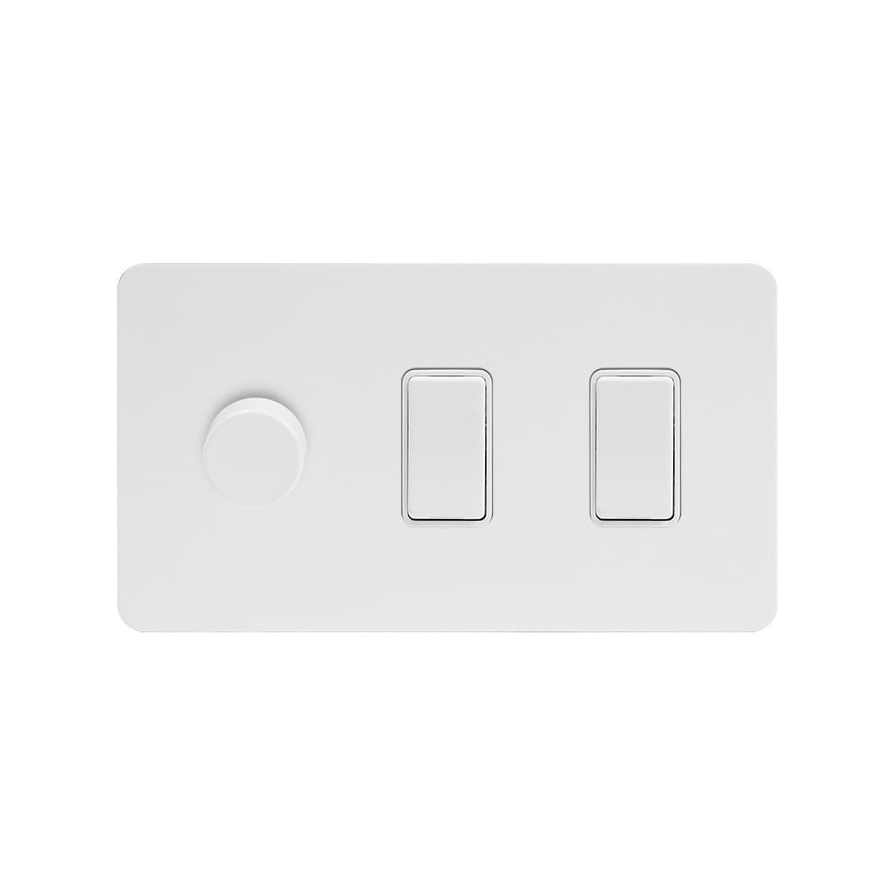 The Eldon Collection White Metal Flat Plate 3 Gang Dimmer and Rocker Switch Combo (2-Way Intelligent Dimmer & 2 x 2-Way Light Switch)