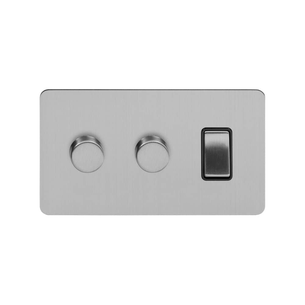 The Lombard Collection Brushed Chrome Flat Plate 3 Gang Dimmer and Rocker Switch Combo (1x2 Way Light Switch with 2x Trailing Edge Dimmer) Blk Ins Screwless