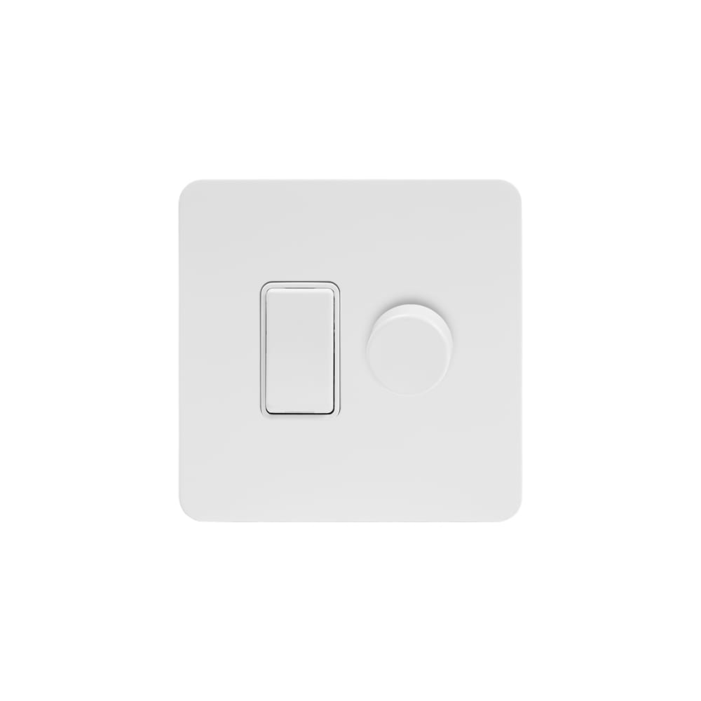 The Eldon Collection Flat Plate White Metal dimmer and rocker switch combo Blk Ins Screwless (2 Way Switch & Trailing Dimmer)