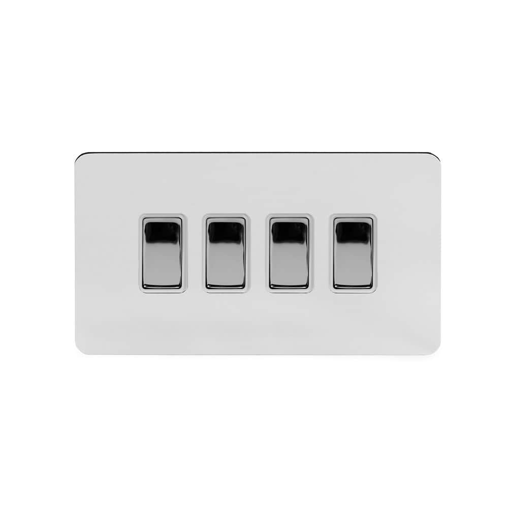 The Finsbury Collection Polished Chrome Flat Plate 4 Gang Switch With 1 Intermediate (3 x 2 Way Switch with 1 Intermediate) Wht Ins Screwless