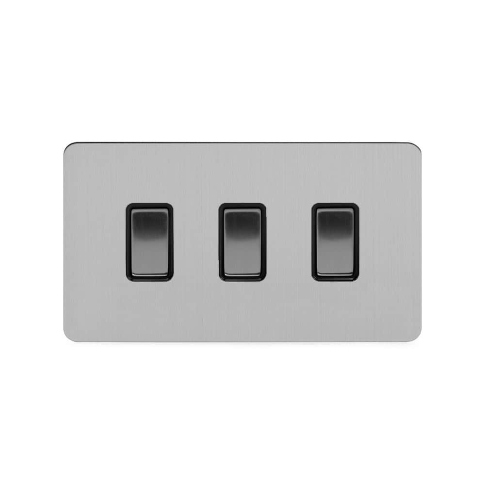 The Lombard Collection Brushed Chrome Flat Plate 3 Gang Switch With 1 Intermediate (2 x 2 Way Switch with 1 Intermediate) Bk Ins Screwless