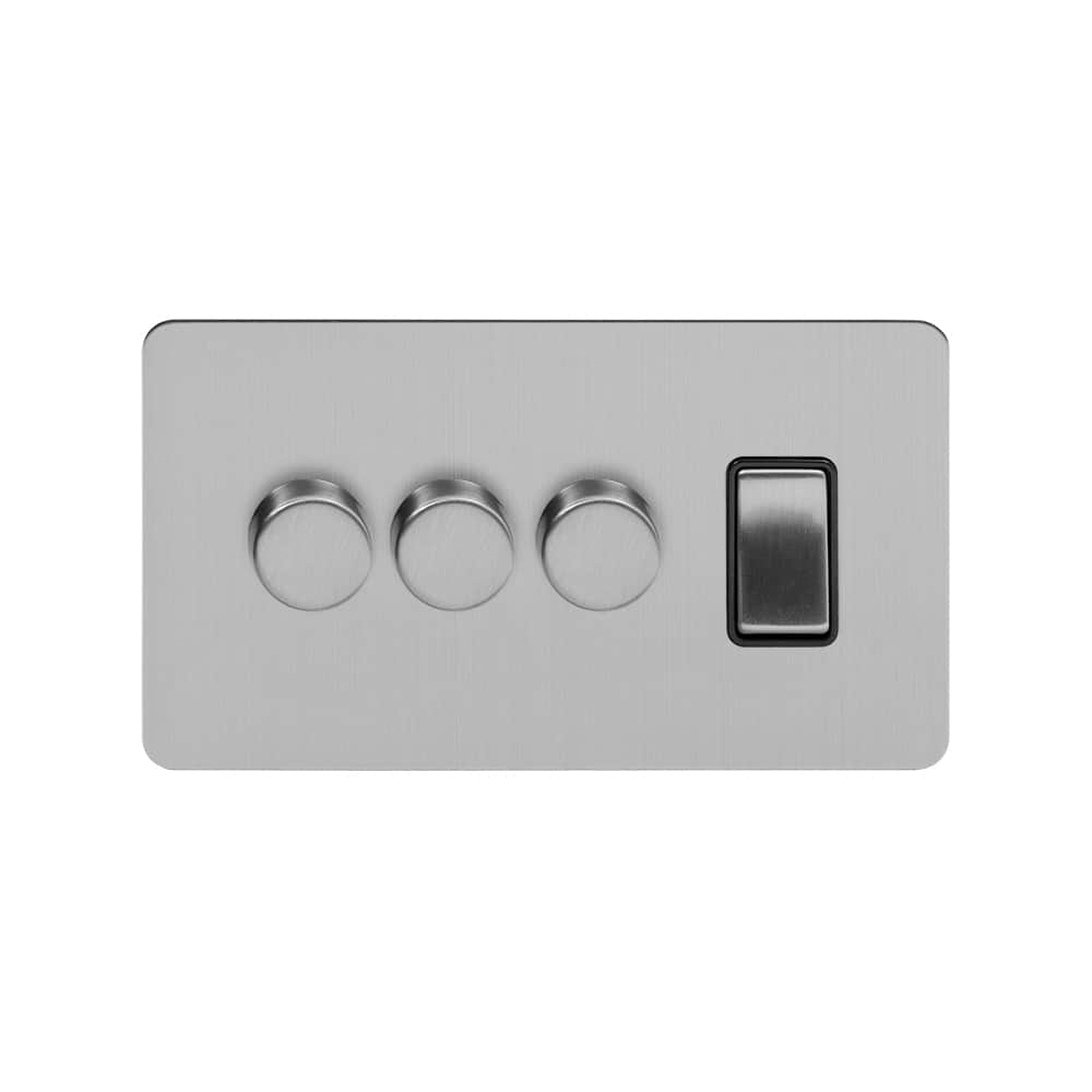 The Lombard Collection Brushed Chrome Flat Plate 4 Gang Switch with 3 Dimmers (3x150W LED Dimmer 1x20A Switch)