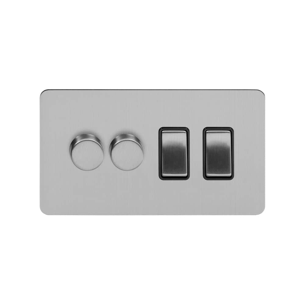 The Lombard Collection Brushed Chrome Flat Plate 4 Gang Dimmer and Rocker Switch Combo (2 x 2-Way Intelligent Dimmer & 2 x 2-Way Switch)