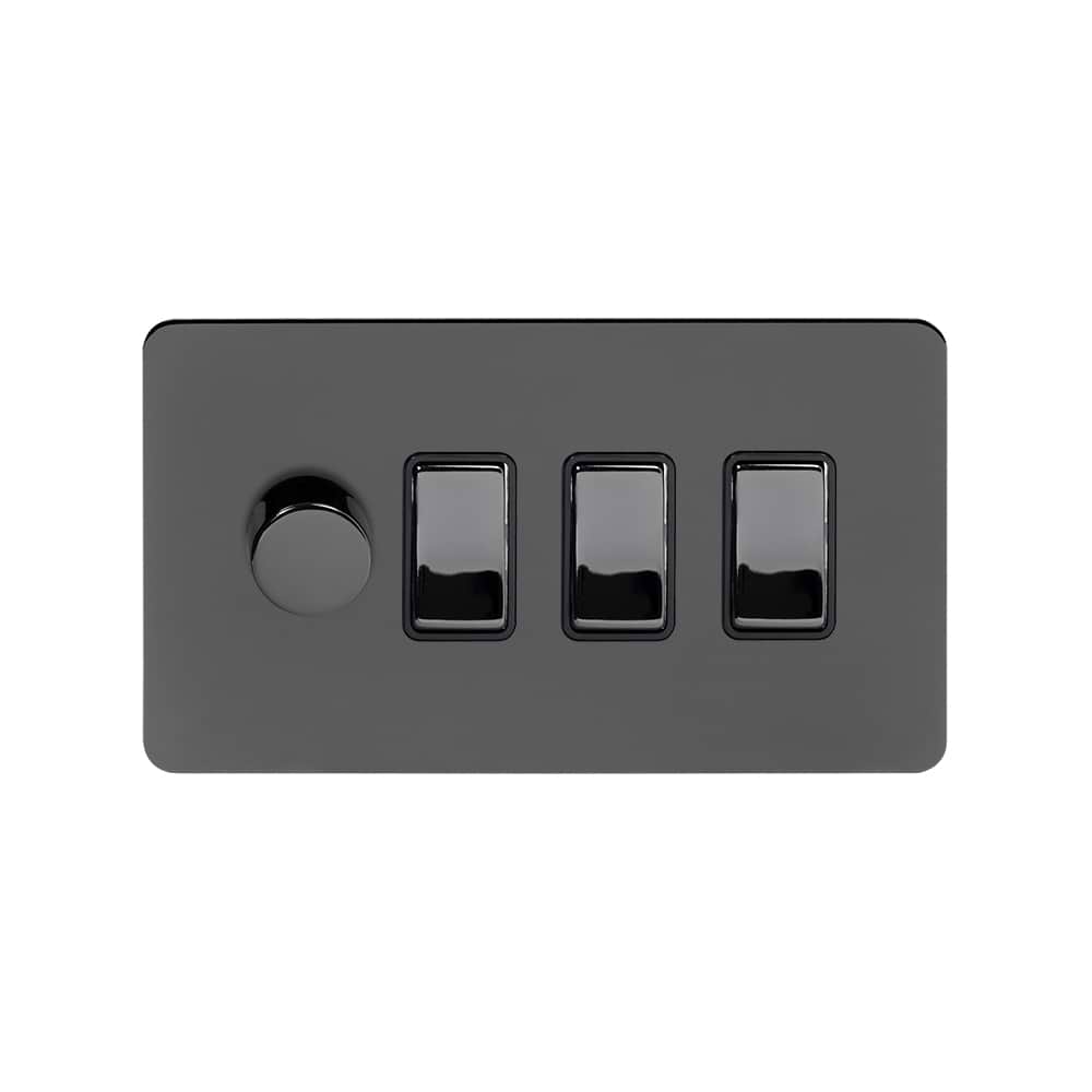 The Connaught Collection Black Nickel Flat Plate 4 Gang Dimmer and Rocker Switch Combo (2-Way Intelligent Dimmer & 3 x 2-Way Light Switch)