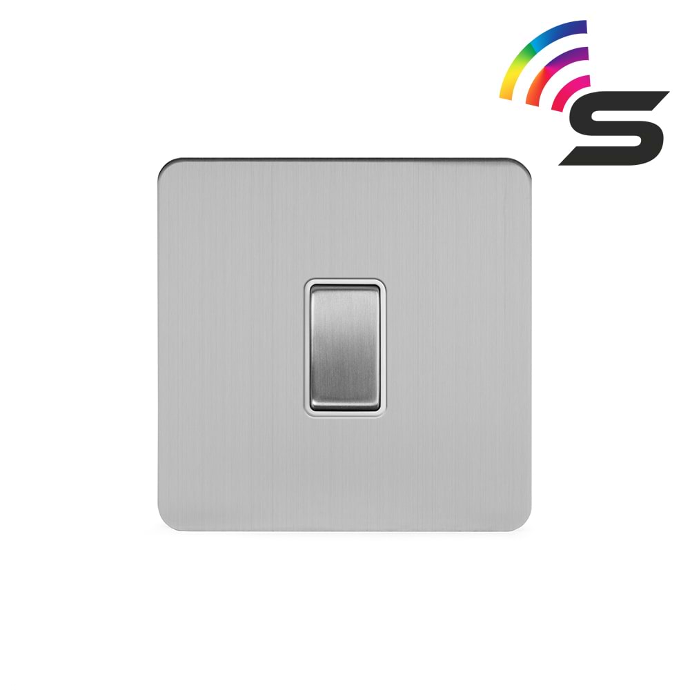 The Lombard Collection Brushed Chrome Flat Plate 1 Gang 150W Smart Rocker Switch White Insert