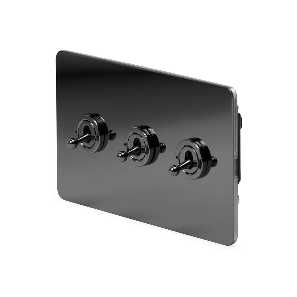The Connaught Collection Black Nickel Flat Plate 20A 3 Gang 2 Way Toggle Switch Screwless