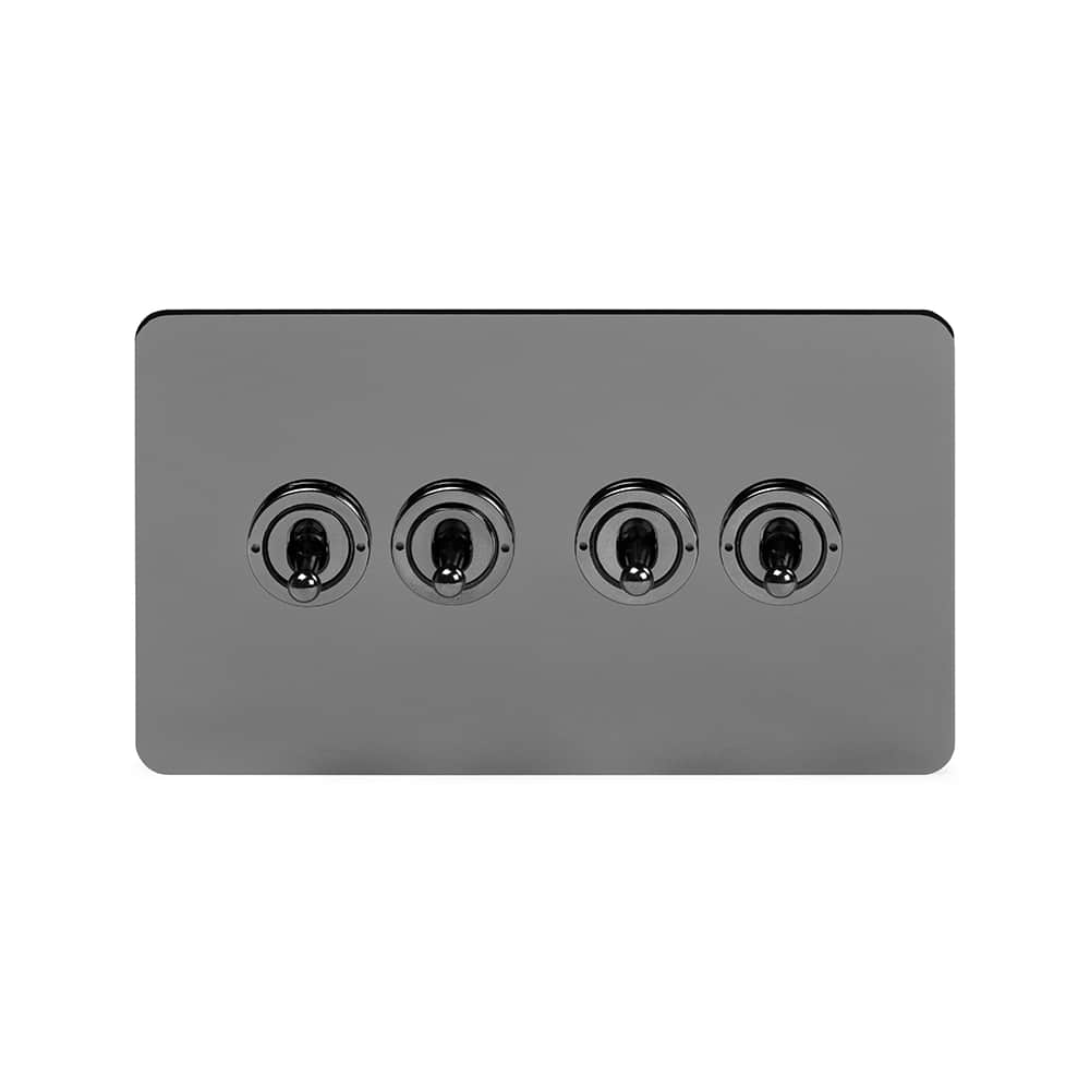 The Connaught Collection Black Nickel Flat Plate 20A 4 Gang Intermediate Toggle Switch Screwless