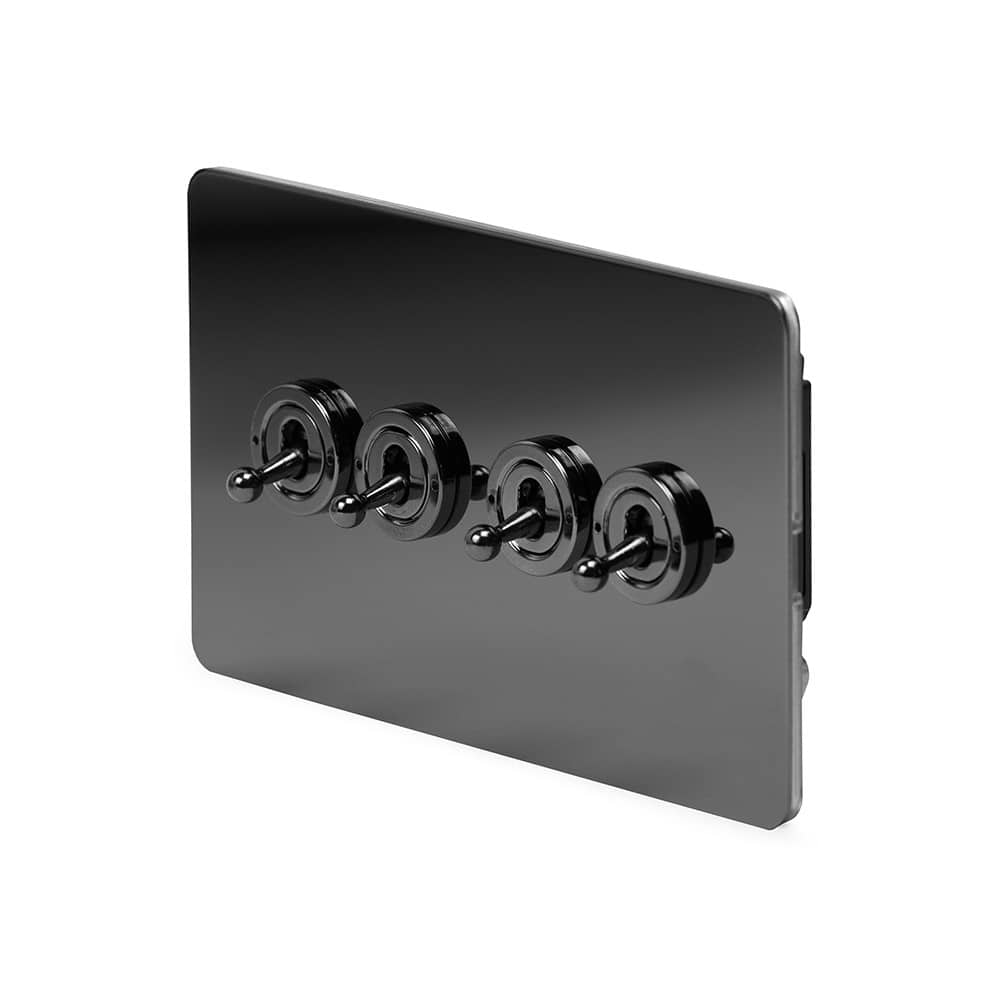 The Connaught Collection Black Nickel Flat Plate 20A 4 Gang 2 Way Toggle Switch Screwless