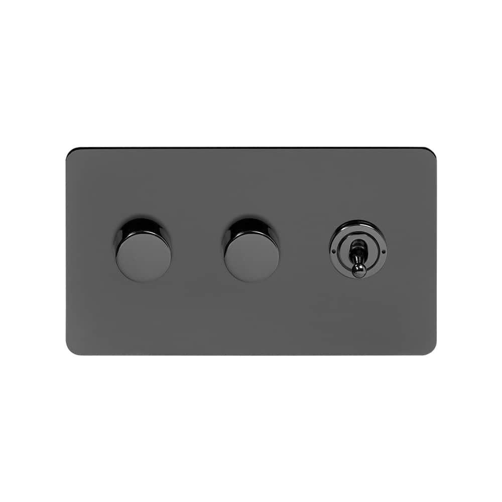 The Connaught Collection Black Nickel Flat Plate 3 Gang Switch with 2 Dimmers (2x150W LED Dimmer 1x20A 2 Way Toggle)
