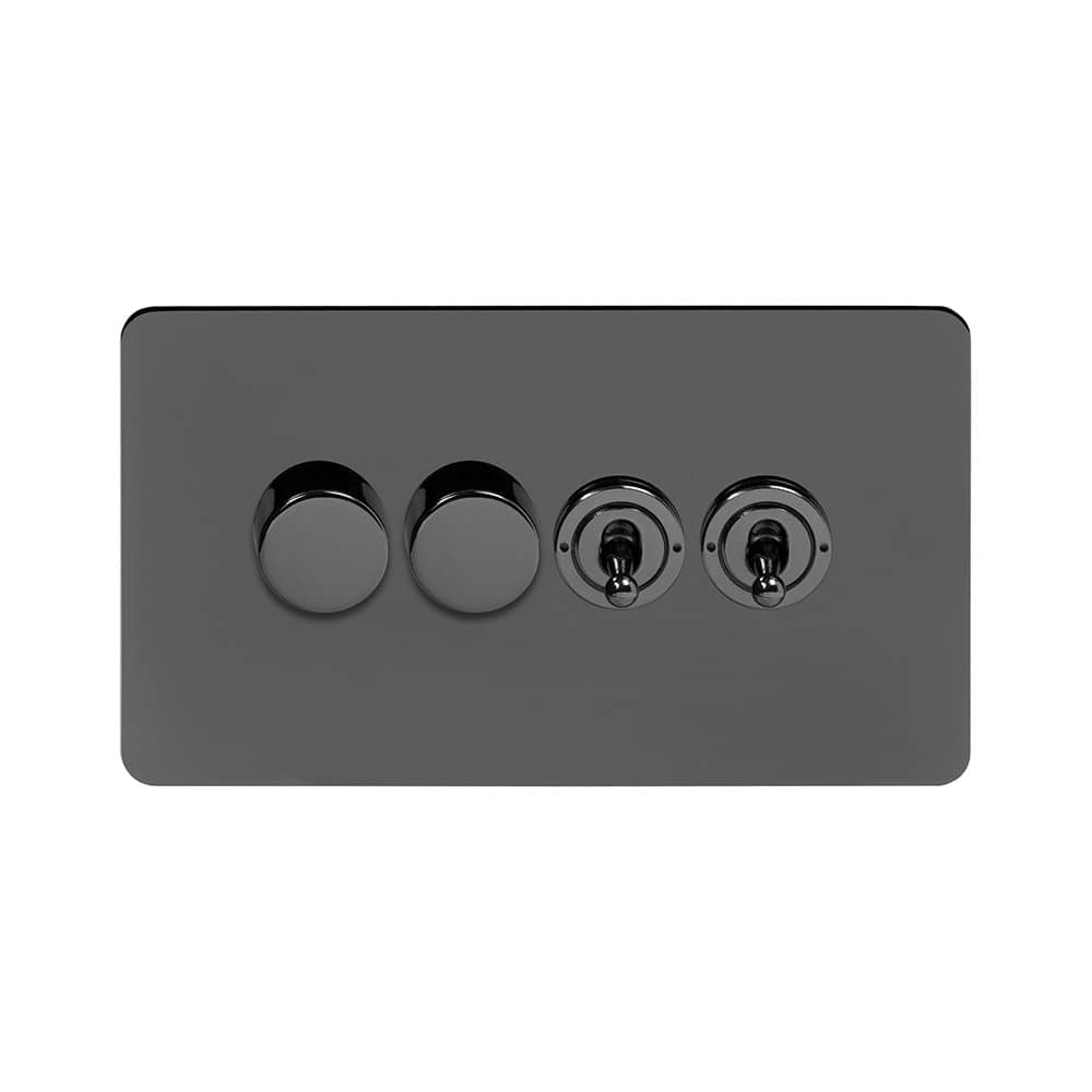 The Connaught Collection Black Nickel Flat Plate 4 Gang Switch with 2 Dimmers (2x150W LED Dimmer 2x20A 2 Way Toggle)