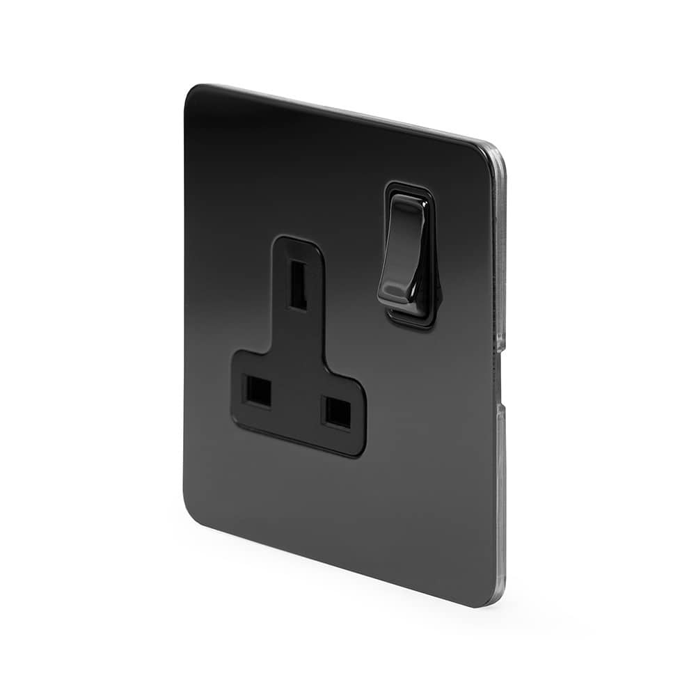 The Connaught Collection Black Nickel Flat Plate 13A 1 Gang Switched Socket, Double Pole Blk Ins Screwless
