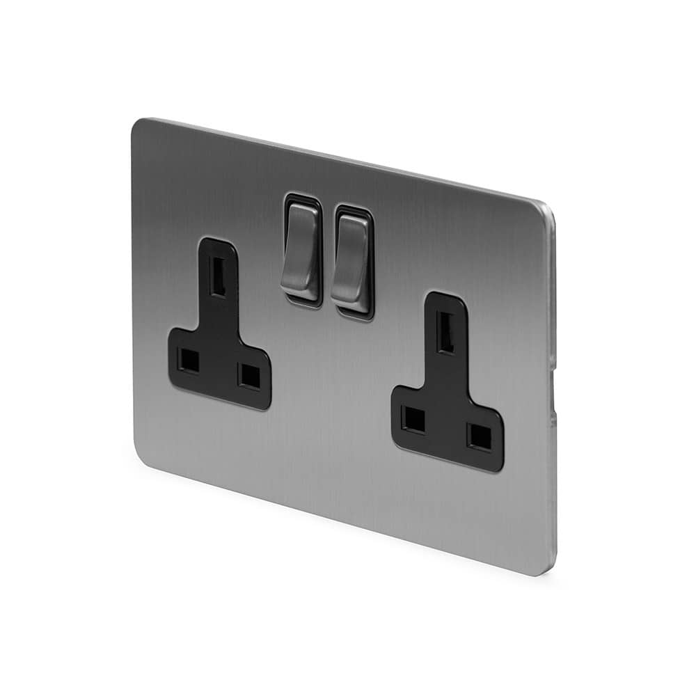 The Lombard Collection Brushed Chrome Flat Plate 13A 2 Gang Switched Socket, Double Pole Blk Ins Screwless