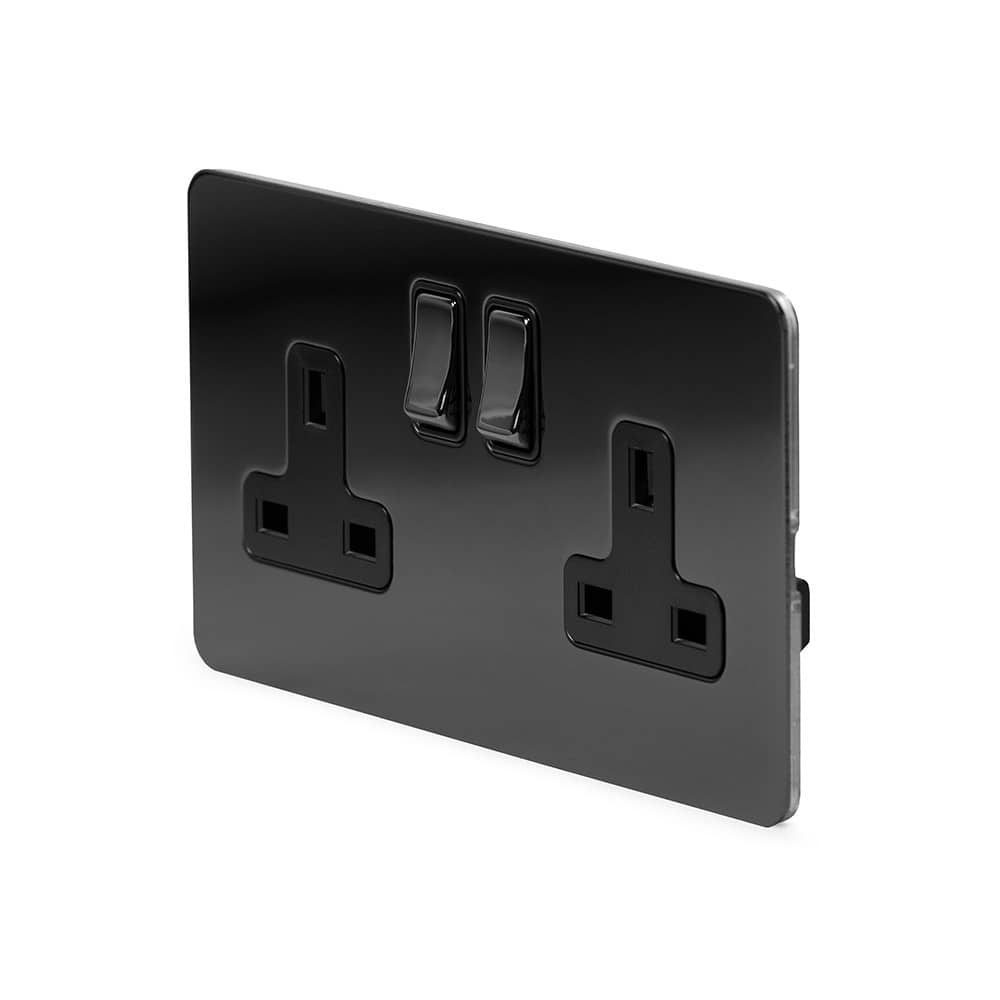 The Connaught Collection Black Nickel Flat Plate 13A 2 Gang Switched Socket, Double Pole Blk Ins Screwless