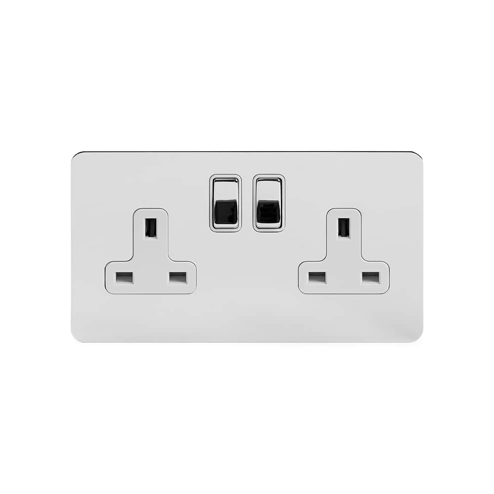 The Finsbury Collection Polished Chrome Flat Plate 13A 2 Gang Switched Socket, Double Pole Wht Ins Screwless