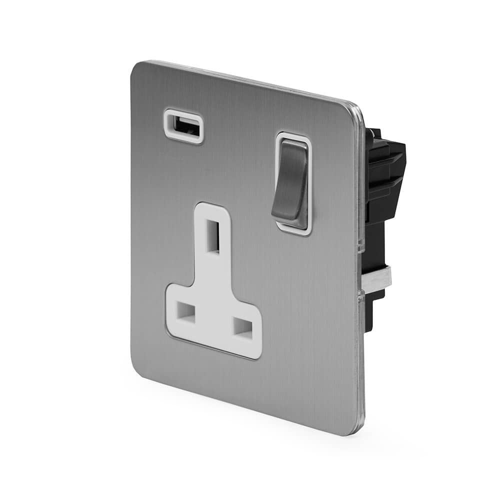 The Lombard Collection Brushed Chrome Flat Plate 1 Gang 13A DP Socket with USB-A 2.1A