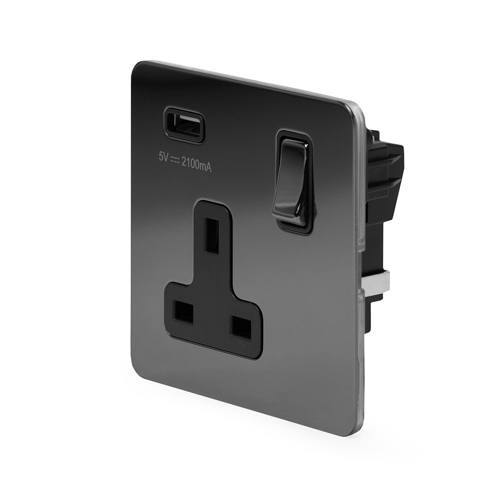 The Connaught Collection Black Nickel Flat Plate 1 Gang 13A DP Socket with USB-A 2.1A