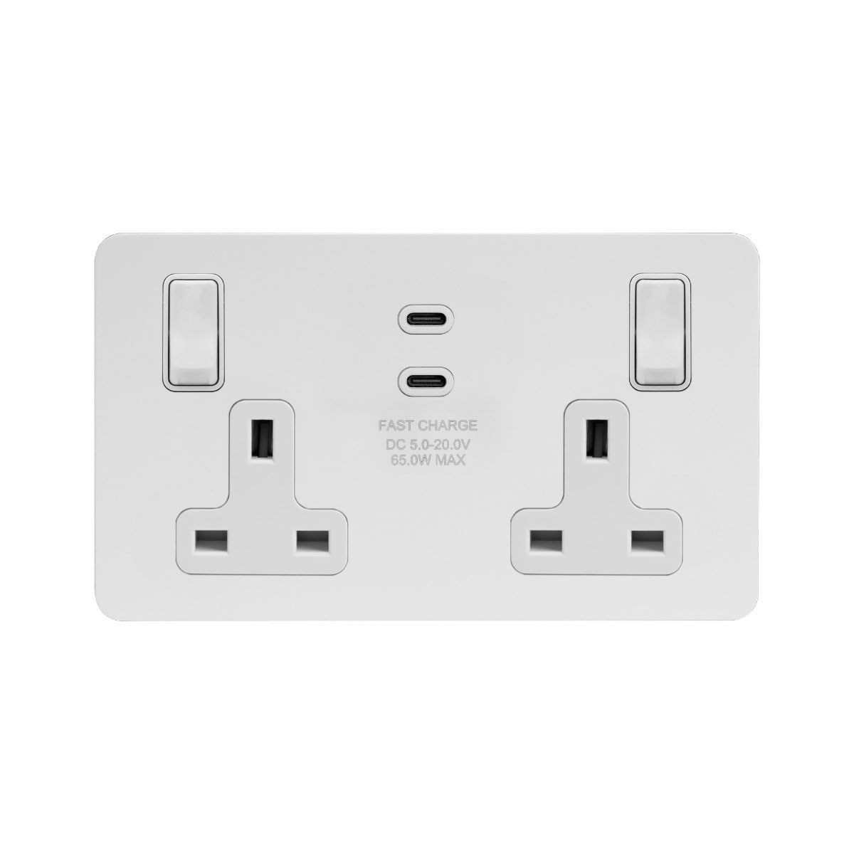 Soho Lighting White Metal Flat Plate 2 Gang 65W USB C+C Socket (13A Socket + 2 USB C Ports)