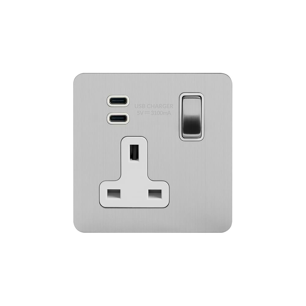 Soho Lighting Brushed Chrome Flat Plate 1 Gang USB C+C Socket (13A Socket + 2 USB C 3.1A Ports)