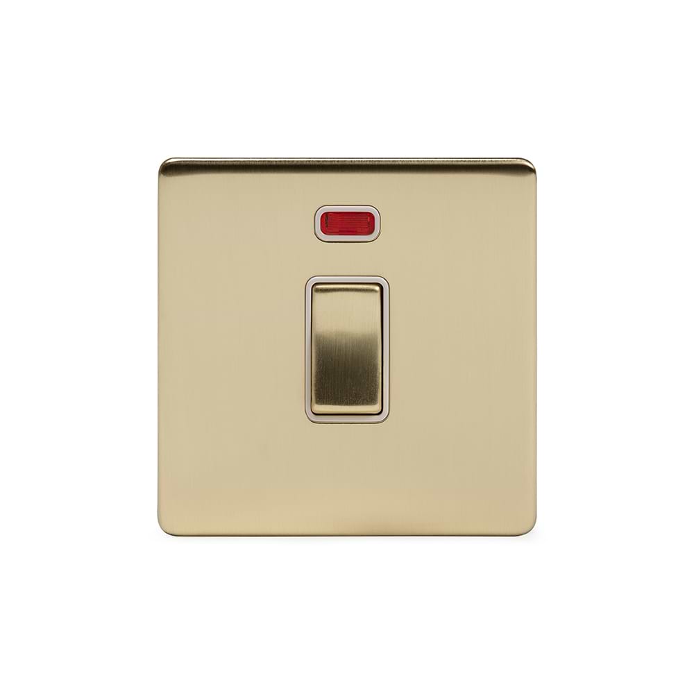The Savoy Collection Brushed Brass 20A 1 Gang Double Pole Switch With Neon Wht Ins Screwless