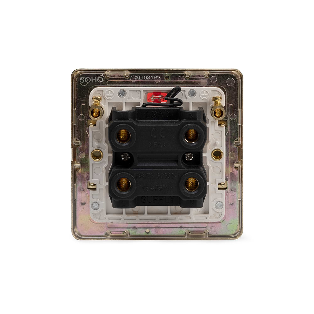 The Savoy Collection Brushed Brass 45A 1 Gang Double Pole Switch With Neon, Single Plate Wht Ins Screwless