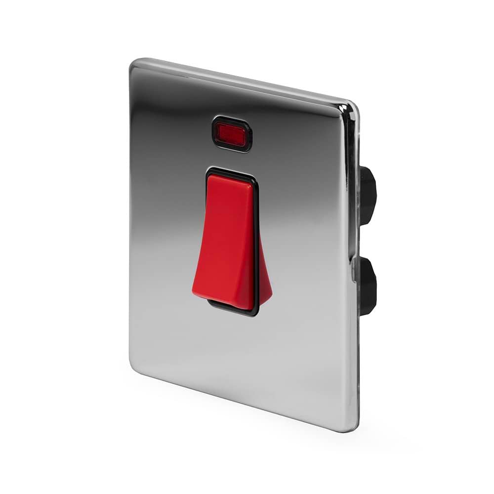 The Finsbury Collection Polished Chrome 45A 1 Gang Double Pole Switch With Neon, Single Plate Blk Ins Screwless