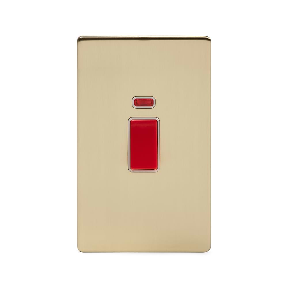 The Savoy Collection Brushed Brass 45A 1 Gang Double Pole Switch With Neon, Large Plate Wht Ins Screwless