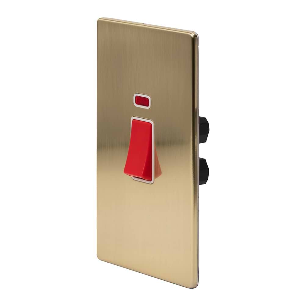 The Savoy Collection Brushed Brass 45A 1 Gang Double Pole Switch With Neon, Large Plate Wht Ins Screwless