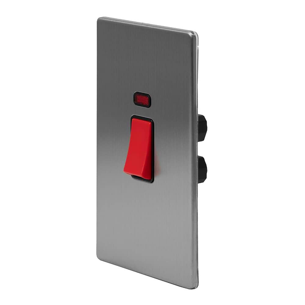The Lombard Collection Brushed Chrome 45A 1 Gang Double Pole Switch With Neon, Large Plate Blk Ins Screwless