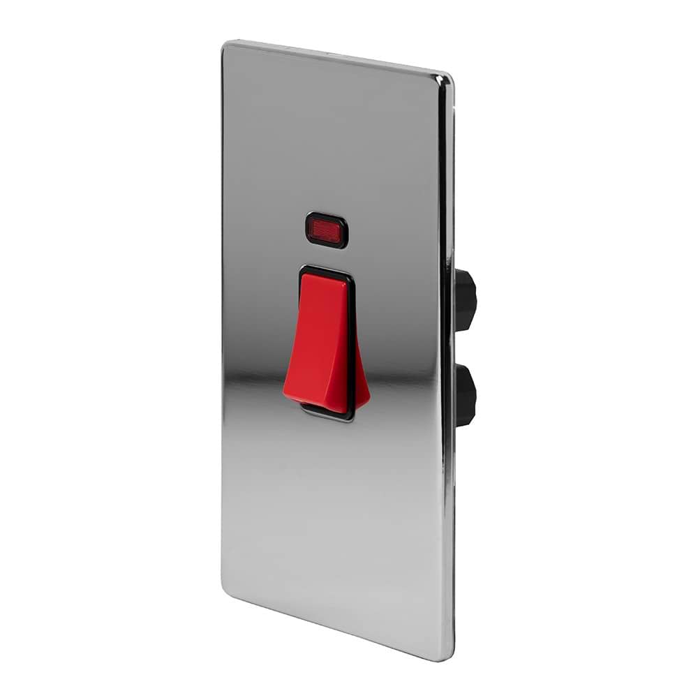 The Finsbury Collection Polished Chrome 45A 1 Gang Double Pole Switch With Neon Large Plate Blk Ins Screwless