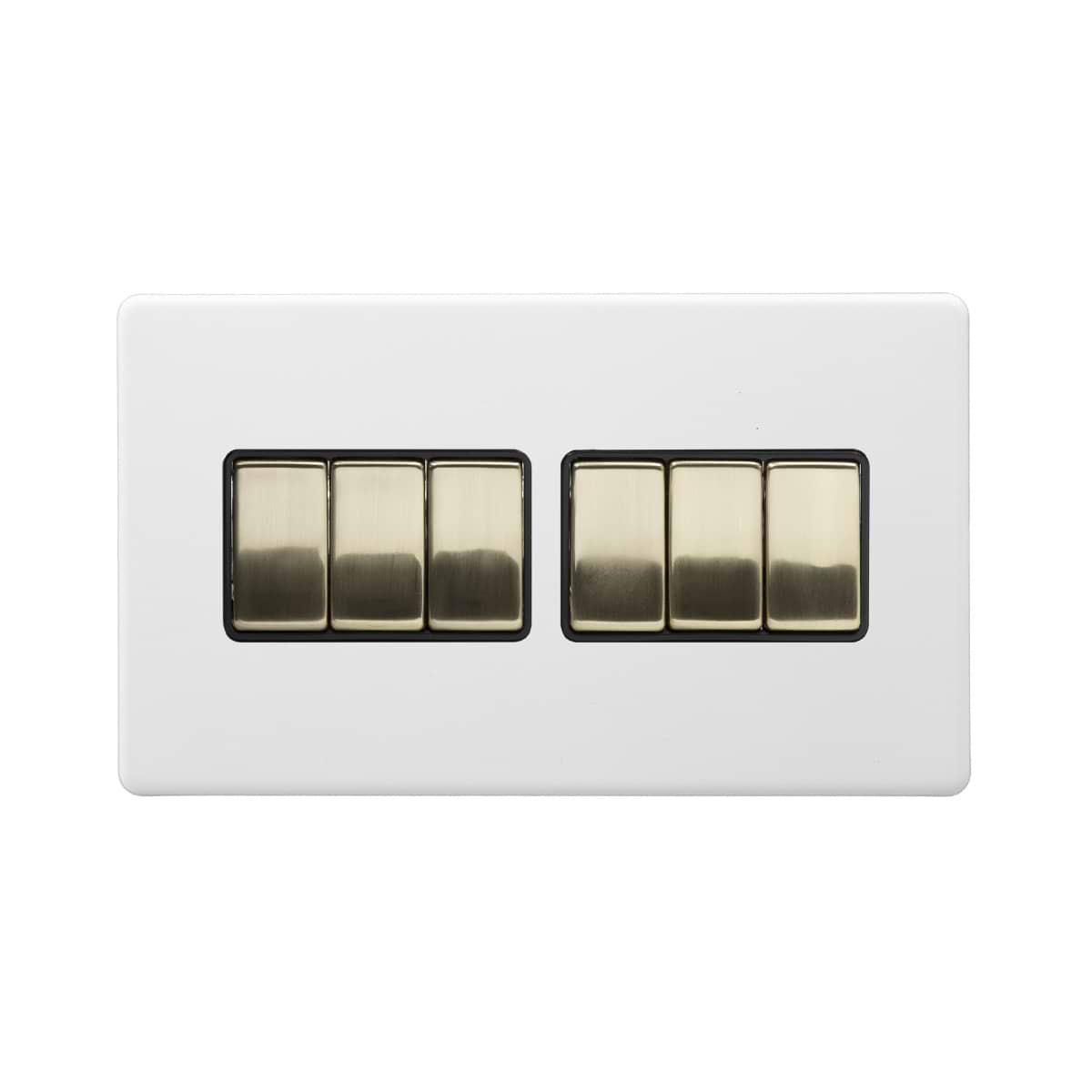Soho Lighting Primed Paintable 6 Gang 2 Way 10A Light Switch with Brushed Brass Switch with Black Insert